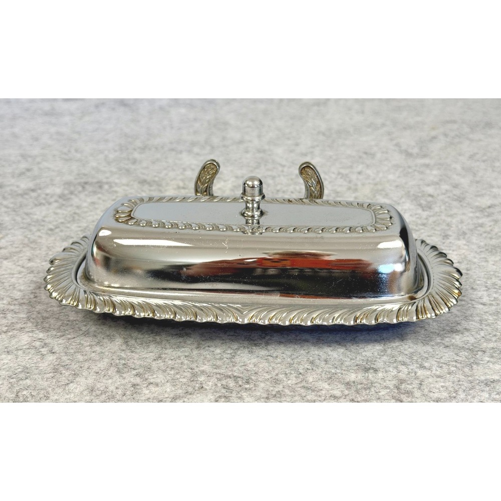 Vintage Irvinware Silver Plated‎ Covered Butter Dish Ornate Gadroon Edge